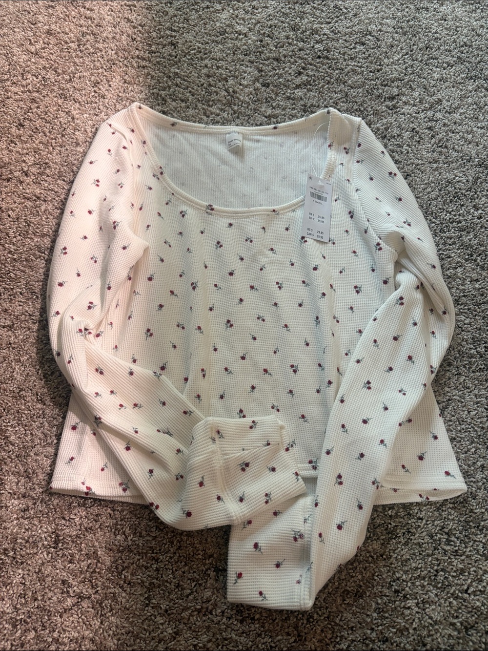 Hollister Cream Waffle Knit Long Sleeve Top with Tiny Rose Print